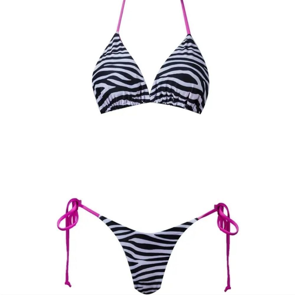 NEW ZEBRA CONTRAST PINK TRIM BIKINI SET - Picture 2 of 10